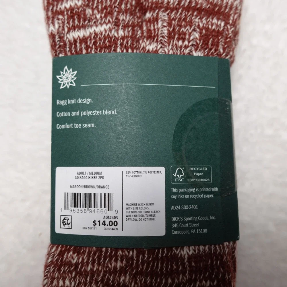 APCK OF 2 Alpine Design Ragg Hiker Socks Adult Medium Multicolor Crew Cut NEW